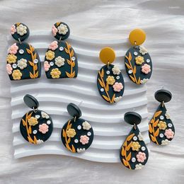 Dangle Earrings Black Flowers Polymer Clay Handmade Flower Pendant Earring Female Fashion Geometry Jewellery Accessory