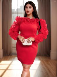 Plus Size Dresses AOMEI Mini Dress Off Shoulder Ruffles Long Sleeve Evening Cocktail Party Gowns 2024 Valentine Event Birthday 4XL