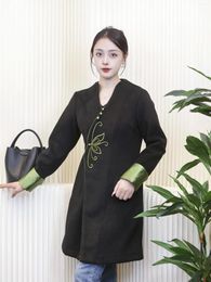 Ethnic Clothing Black Modified Tibetan Coat Low Collar Women's Mid-Length Top Autumn