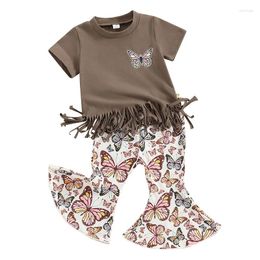 Clothing Sets Toddler Girls Summer Pants Short Sleeve Tassel Hem T-shirt Butterfly Print Flared