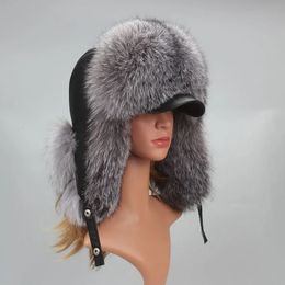 Genuine Silver Fox Fur Hat with Ear Flaps Real Natural Fur Caps for Russian Women Bomber Hats Trapper Cap with Real Leather Top 240123