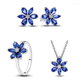 Cluster Rings Original 925 Sterling Silver Sparkling Blue Herbarium Pendant Necklace Earring Ring For Women Fashion Jewelry