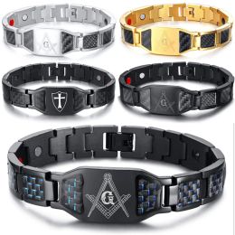 Bracelets Black Magnetic Bracelet Men 316L Stainless Steel Hand Chain Masonic Health Punk ID Bracelets Carbon Fibre Customizable Engraving