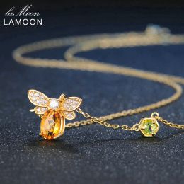 Pendants LAMOON Natural Citrine Gemstone Necklaces For Women Little Bee Pendant 925 Sterling Silver Chain 14K Gold Plated Fine Jewellery