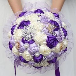 Large Purple Bridal Wedding Bouquet Pearl Bridesmaid Artificial Flowers Buque De Noiva Diamond Bouquets Marriage Gift W2801304j