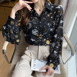 Women's Blouses Camisas Vintage Print Chiffon Long Sleeve Shirts And Tops For Ladies Office Fall Black Drop