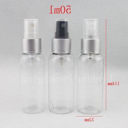 wholesale 50ml x 50 clear cosmetic bottle silver Aluminium collar spray pump 50cc perfume empty plastic mist sprayer bottles Xbikm