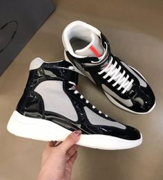 Top Luxury High Top America Cup Men Sneakers Shoes Bike Fabric & Patent Leather Trainers Rubber Sole Casual Walking Discount Mens Black White Sports Shoe EU38-46 Box