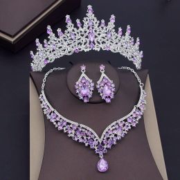 Back Purple Crystal Sets Bridal Jewellery Sets for Women Crown Earring Necklace Wedding Tiaras Bride Dubai Jewellery Sets