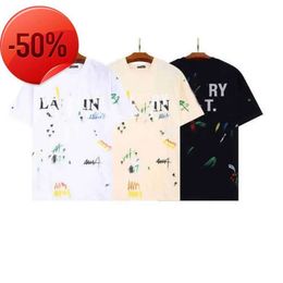 LAVIN Mens Designer Shirt Man Womens Ink Splash Letters Short-sleeved Round Clothes