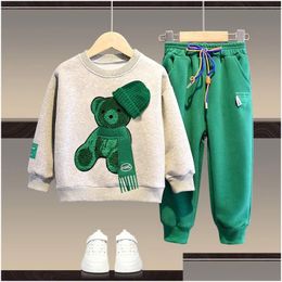 Kleidung Sets Herbst Baby Mädchen Jungen Kleidung Set Kinder Sport Cartoon Bär Sweatshirt Top und Hosen Buttom Zwei Stück Anzug Baumwolle Tra Dhkai