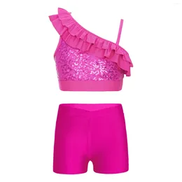 Clothing Sets Kids Girls Dancing Suit Ballet Dancewear Set Sequin Tanks Crop Top With Shorts For Dance Gymnastics Performance Competition