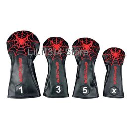 Pattern White/Red/Black PU Leather with Spider Embroidery Wood Head Cover Golf Club Driver Fairway Wood FW Hybrid Head Cover 240127