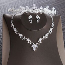 Necklaces Luxury Cubic Zircon Leaf Bridal Jewellery Set Wedding Jewellery Set Rhinestone Diadem Tiaras Crown Choker Necklace Earrings Bijoux