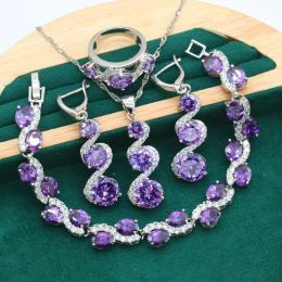 Strands Classic Purple Topaz 925 Silver Jewellery Set for Women Wedding Bracelet Long Earrings Ring Necklace Pendant Gift