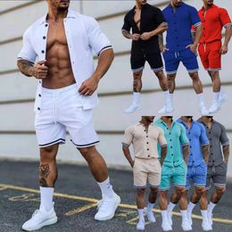 Men's Tracksuits Men Casual Suit 2024 Spring Summer Fashion Vacation Solid Colour Lapel Striped Cardigan Short-Sleeved Shorts Two-Piece Set