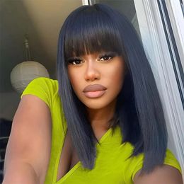 8-32 Inch Straight Human Hair Wigs With Bang Full Machine Made Bob Wig Natural Color Glueless Brazilian Remy Long Human Hair Wig
