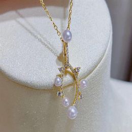 22091903 Women's pearl Jewelry necklace akoya 3-5mm rhinestone zirconia hook pendent chocker 40 45cm 18k yellow gold plated217Y