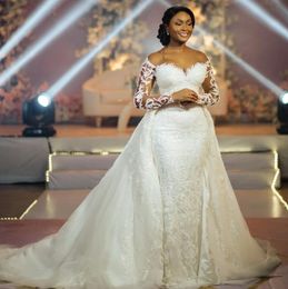 2024 Arabic Aso Ebi Plus Size Ivory Mermaid Wedding Dress Lace Beaded Detachable Train Bridal Gowns Dresses ZJ101