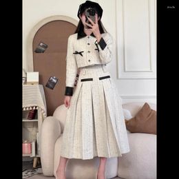 Work Dresses Autumn Chequered Two-piece Set With Vintage And Elegant Women's Jacket Pleated High Waisted A-line Midi Skirt