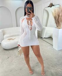 Basic Casual Dresses Hollow knitted mini dress for women's sexy V-neck lace strap strapless beach dress long sleeved Cape Town party club uniform J240130