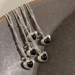 Necklaces Real S925 Sterling Silver Supports Detection of Love Black Agate Necklace Lovely Sweet Girl Heart Temperament Clavicle Chain