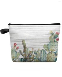 Cosmetic Bags Cactus Tropical Plant Wood Board Texture Makeup Bag Pouch Travel Essentials Women Organiser Storage Pencil Case