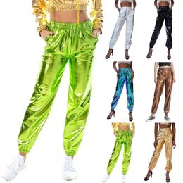 Women's Pants High Waist Shiny Color Block Wet Wide Leather Women Faux For Pretty