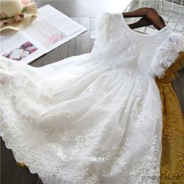 Girl's Dresses White Lace Summer Dress for Girls Short Sleeve Kids Birthday Princess Costume Tutu Wedding Flower Girls Dresses for 3-8 Years