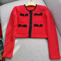Women's Jackets 2024 Spring Arrive Red Knitted Women Coat With Sequins And Bows Round Neck Lady Short Jacket