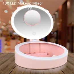 Mirrors Portable 2 in 1 10x Magnify Led Makeup Mirror with Light Ladies Storage Box Makeup Lamp Desktop Cosmetic Mirrors for Bedroom 20#