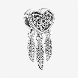 New 925 Sterling Silver Openwork Heart & Three Feathers Dreamcatcher Charm Fit Original European Charm Bracelet Fashion Jewellery Ac214p