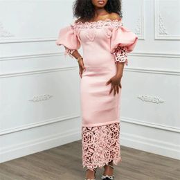 Party Dresses Ladies British Celebrity Sweet Dress Spring 2024 Bubble Sleeve Lace Boat Collar Skinny Openwork Crocheted