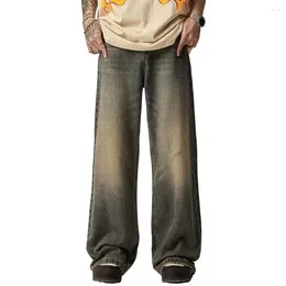 Calças masculinas homens jeans high street retro hip hop reto bolsos de comprimento total botão zíper fechamento longo denim calças