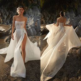 Modern Strapless Wedding Dresses Sequins Side Split Bridal Gowns A Line Princess Backless Bride Dresses Custom Made Plus Size