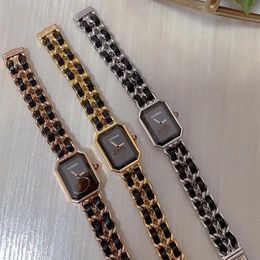 handmade custom size fashoin two row stainless steel chain braidied leather women watch boyfriend rectangle boy-friend wristwatch 264d