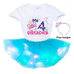 Clothing Sets Baby Girls Clothes 2024 Summer Short Sleeve T-shirt Luminous Skirt Hairpin 3-piece Set Girl Casual Ballet Tutu Dress
