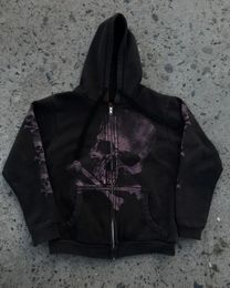 American street retro dark skull print hoodie men Y2K Goth Harajuku fashion street zipper hoodie couple casual loose sweatshirt 240129