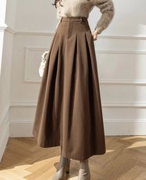 Elegant Women Faux Woollen Skirts For Office Ladies Pockets Casual Loose ALine High Waist Midi Skirt Autumn Winter SK11 24030