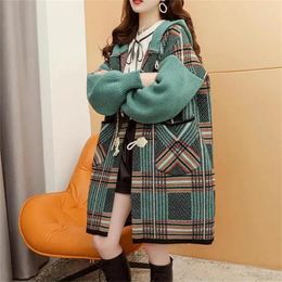 Women's Jackets Fat Mm Medium Length Cow Horn Button Sweater Cardigan Retro Plaid 2024 Autumn/Winter Loose Coat Commuting WLF