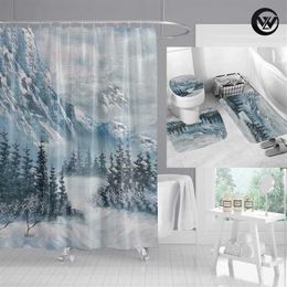 Shower Curtains High Quality Curtain Bath Mat Set Printed Winter Snow Mountain Landscape Bathroom Toilet Rugs Home Decor236q