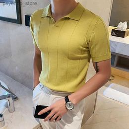 Men's T-Shirts 2024 Summer Mens Luxury Clothing V-neck Knit Polo Shirt Casual Striped Solid Short Sleeve T-shirt Breathable Slim M-3XL Q240130
