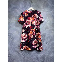 New Red Floral Pattern Straight Skirt Beaded Dress 2024 Summer Zipper Round Neck Regular Short Sleeve Women S-XL FZ0086