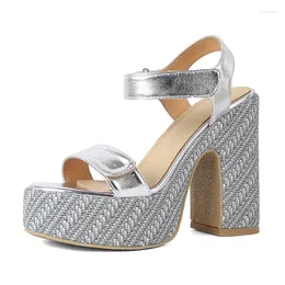 Sandals Shoes Woman 2024 Summer Fashion Silver Gold Genuine Leather Waterproof Round Toe Chunky Heels Buckle Narrow Band