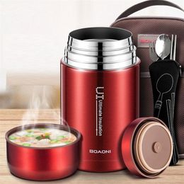 BOAONI 750ml 1000ml Food Thermal Jar Vacuum Insulated Soup Thermos Containers 316 Stainless Steel Lunch Box with Folding Spoon T20238l