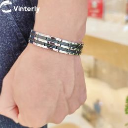 Bracelets Vinterly Mens Chain Link Bracelet Wheat Black Stainless Steel Health Energy Germanium Magnetic Bracelets Bangles For Men Jewelry