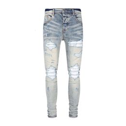 AM Washing Knife Cuts, Damages, Patchwork Leather, Pull, Slim Fitting Pencil, American Trendy Brand Jeans for Men Women in Autumn and Winter