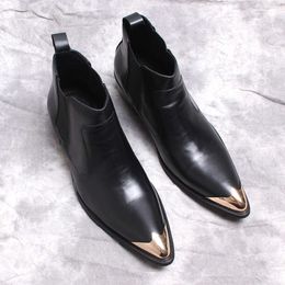 Punk Style Genuine Leather Ankle Iron Black Slip on Dress for Formal Fashion Men Boots Pointy
