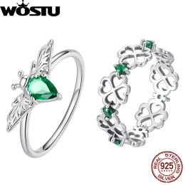 Rings WOSTU 925 Sterling Silver Green Zircon Finger Ring Little Bee Emerald Ring Fourleaf Clover Original Fine Jewellery for Women