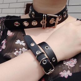 Punk Harajuku Collar Small Choker Necklace Big PU Leather Bracelet Punk Goth 100% Handmade Neck Jewellery wristband1223O